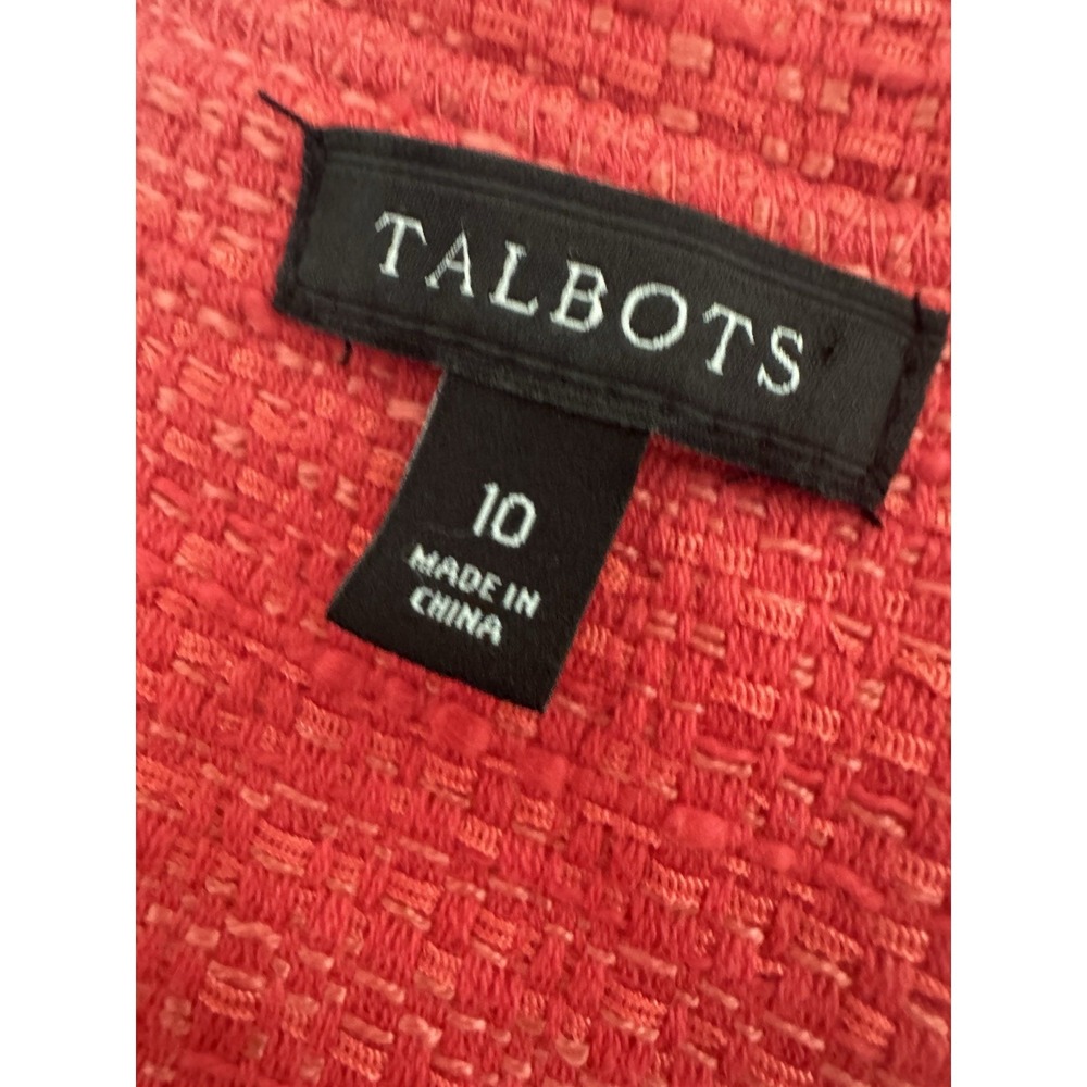 Talbots Tweed Sheath Dress Size 10 Coral Red Fringe Trim Sleeveless Lined Pocket - Picture 5 of 12